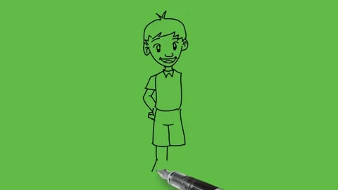 Draw little boy hold open hands backside on hip wear shirt, knicker, cap Видео 229481088