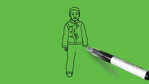 Draw little standing dark complexion boy wearing yellow and orange color dress 库存影片 214237676