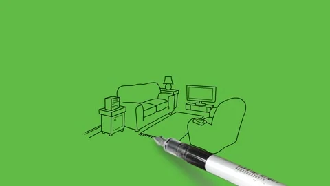 Draw living room with sofa-set, television, table-lamp, hanging globe, mat etc Vídeo Stock 282789337