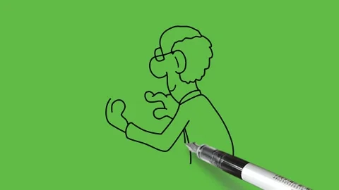 Draw man bend forward hold tablet in hand and point on it with his index finger Vidéo 296098794