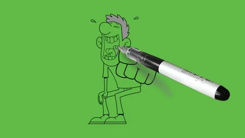 Draw man bend on kneel down in sitting posture with open mouth show fist 動画素材 253799697