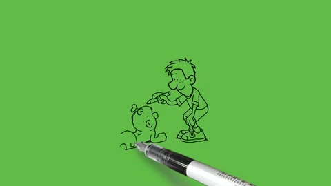 Draw man bend on knees playing with kid lay down on floor taking pencil in hand Vidéo 289288223