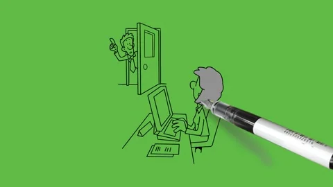 Draw man come in room to open door, young girl sit on chair work on computer Video stock 297103849