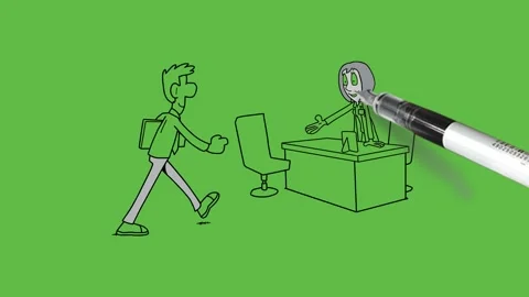 Draw man coming with files in hand and young girl pointed him to sit on chair Video stock 251535517