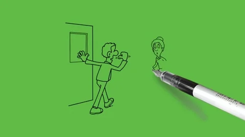 Draw man coming in hold left hand on door and officer sit on chair near computer Vídeo Stock 253799906