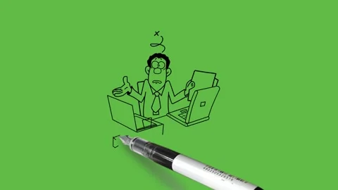 Draw man do work on computer the collection of files and think with worried face Vidéo 247399624