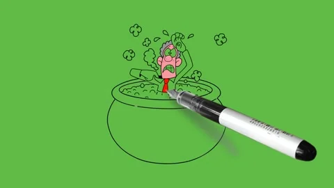 Draw man half drowned in green liquid filled in round vessel face become pink Video stock 295399498