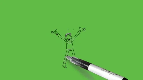 Draw man hold both arms outstretched with open hand upward and straddle legs Vidéo 297103896