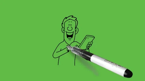 Draw man hold mobile in hand work with right index finger with trophy, badge,cup Видео 251535885
