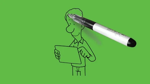 Draw man hold tablet in right hand and left index finger on it and see black Video stock 295927333
