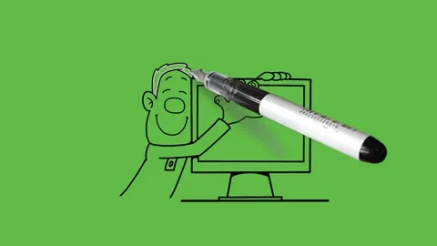 Draw man hugged computer with red hearts with black outline on abstract green 動画素材 247399105