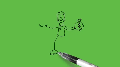 Draw man keep arm outstretched hold string bag full of money in both hand upward Stock Footage 253799960