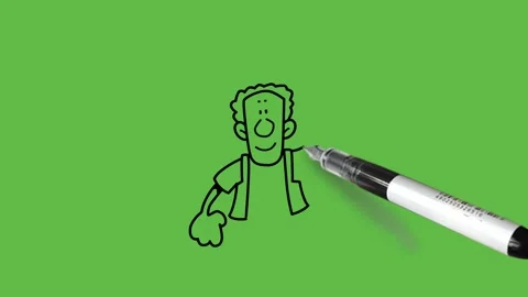 Draw man keep hat on head with left hand, hold right arm straight down with fist 動画素材 252481821