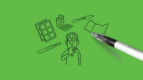 Draw man keep index finger on chin arm straight down among scattered articles Видео 296098403