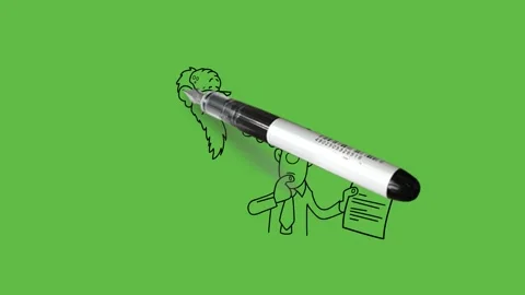 Draw man keep index finger on chin and show rectangle paper held in hand Video stock 296098510