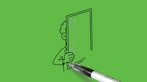 Draw man keep mirror near face in right hand and hold left index finger backside Видео 302888274