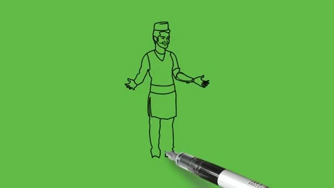 Draw man with left artificial hand wearing yellow kurta, payjama, cap, footwear Vidéo 219570691