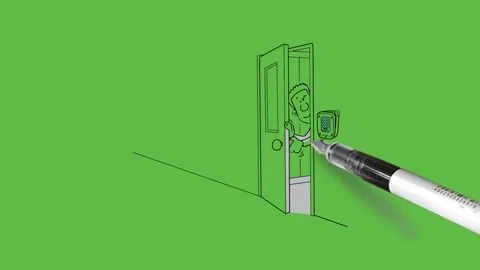 Draw man open the door and peep out the door with black outline on green back Vidéo 301777796