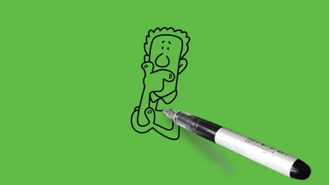 Draw man with question marks hold right hand on mouth take support to elbow Video stock 236227691