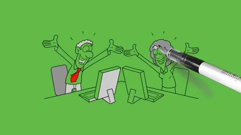 Draw man with red tie and woman with grey hair stand to see computer screen Vidéo 244797186