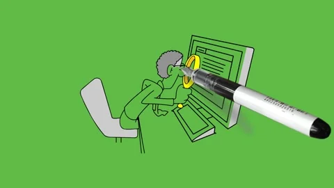 Draw man see computer with yellow lens, put on table wear spectacles, shirt, Видео 237374493