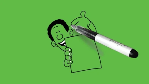 Draw man show form with snap of person and make sign with index finger on it Vidéo 296585695