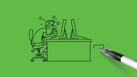 Draw man sit on adjustable office chair work on computer place on table Vidéo 306169979