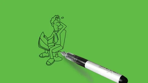 Draw man sit on chair with back to computer full of files hold notebook in hand Vidéo 252481820