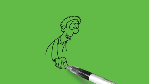 Draw man sit on chair do work on computer place on table hold mouse with right Video stock 295399542