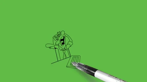 Draw man sit on chair in front of interrupted computer talk on mobile for help Video stock 237373768