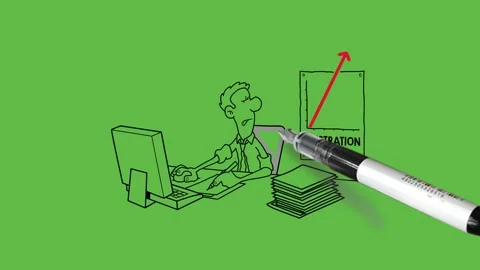 Draw man sit on chair in front of computer with heap of files see backside Video stock 247399290