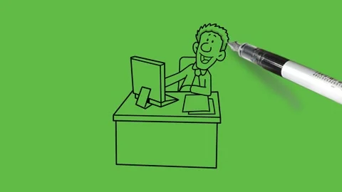 Draw man sit on chair keep left elbow on table for support work on computer 動画素材 253799595