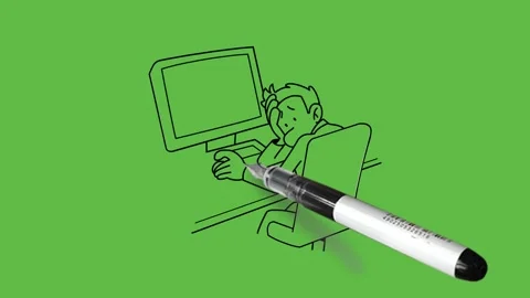 Draw man sit on chair lean forward on table work on computer, keep hand on head Vidéo 252481693