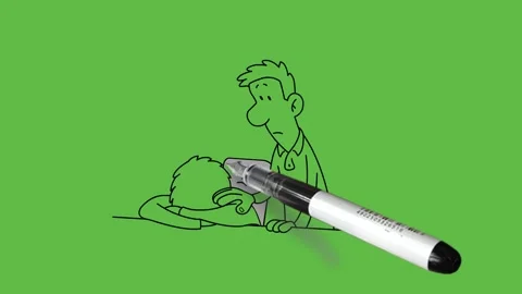 Draw man sit on chair lean forward on table hide his face with both cross arm 動画素材 252481807