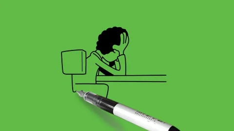 Draw man sit on chair lean down on computer table hold hand on head with elbow 動画素材 252481857
