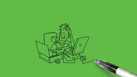 Draw man sit on chair at night lean forward on table keep left hand on head Stock Footage 252481692
