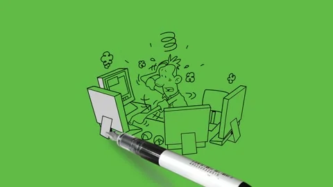 Draw man sit on chair surrounded four computer sets hold his right hand on head Vidéo 252481733