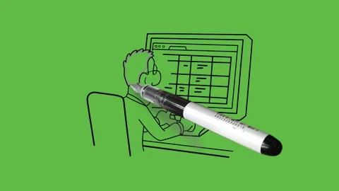 Draw man sit on chair work on computer wear shirt, grey cap with black outline Видео 237373980