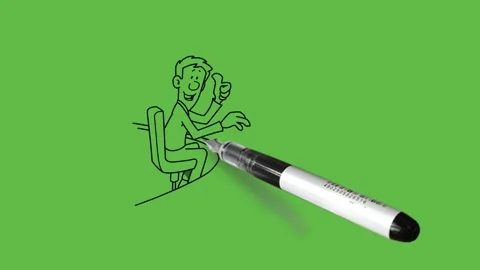 Draw man sit on chair work on computer and other box kept on table show thumbs Vídeo Stock 237374672