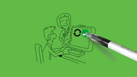 Draw man sit on chair work on computer and smart girl stand near screen 動画素材 251535959