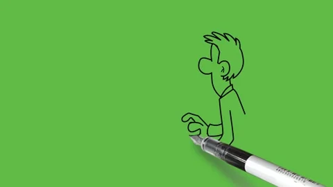 Draw man sit on chair work on computer place on table and see cursor on screen Stock Footage 253799799