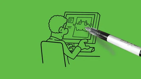 Draw man sit on chair work on computer place on table hold hands on keyboard Vidéo 295399541