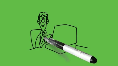 Draw man sit on chair work on printer machine place on table with black outline Vidéo 296098429