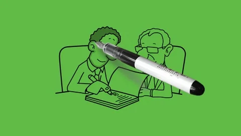 Draw man sit on chair write with pend on notebook other young man sit on chair Video stock 295929631