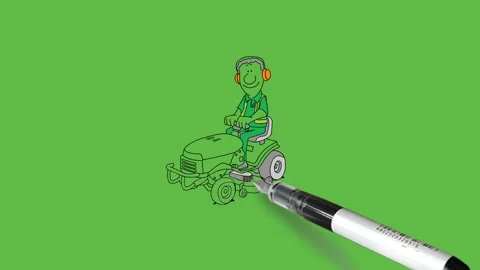 Draw man sit on grass cutting machine hold orange color headphone wear uniform Vidéo 295056195