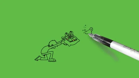 Draw man sit kneel down on floor present gift to head officer with black outline Vidéo 252481856