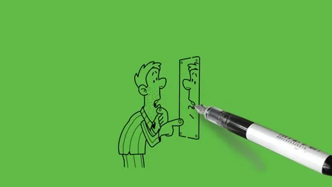 Draw man slightly bend forward looking in the mirror hold index finger on chin Video stock 297104157