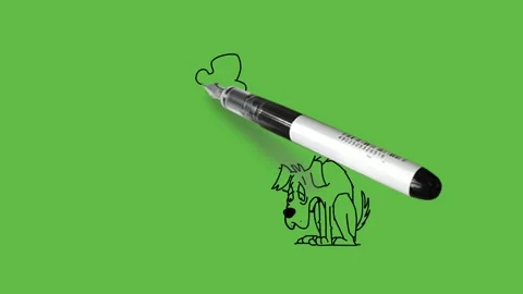 Draw man slightly bend forward keep right index finger on dog sit near-by and Vidéo 301442549