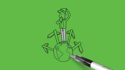 Draw man stand on globe indicate four pillars with arrows both side in red cross Vidéo 306170035