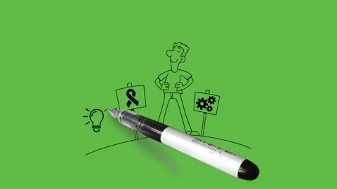 Draw man stand at high place hold hands on hip with three sign boards Stock Footage 237373548